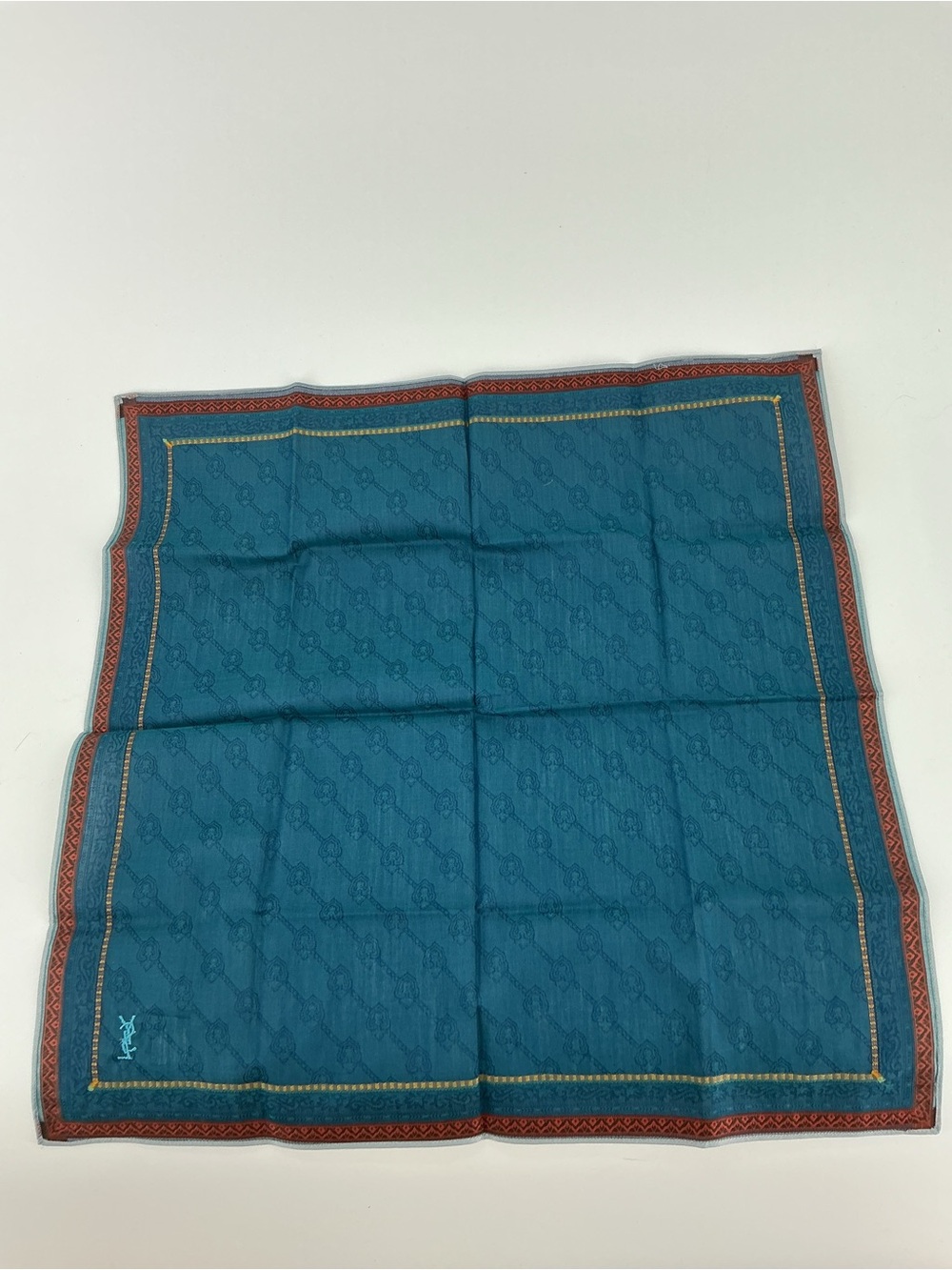 Yves Saint Laurent YSL Vintage Teal Geometric Square Scarf 16” - Picture 5 of 8